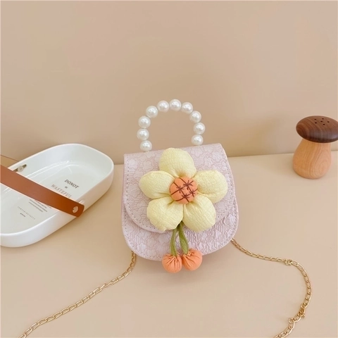 Mini Bolso De Mano Niños Cuero PU Tela Flor 3D Asa Perlas Artificiales Cadena Metal Bolso De Hombro Coreano Lindo Kawaii