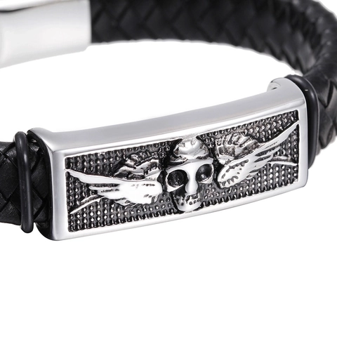 Men Bracelet Woven Leather Stainless Steel Skull Wing Relief Punk Rock Retro Jewelry Accessory Bangle