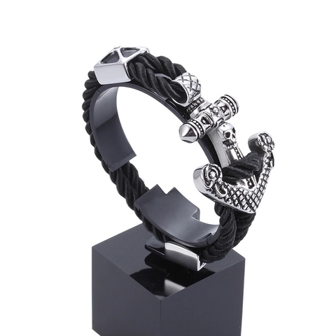 Herren Armband Schwarz Geflochtenes Leder Edelstahl Totenkopf Ankerverschluss Punk Gothic Schmuck