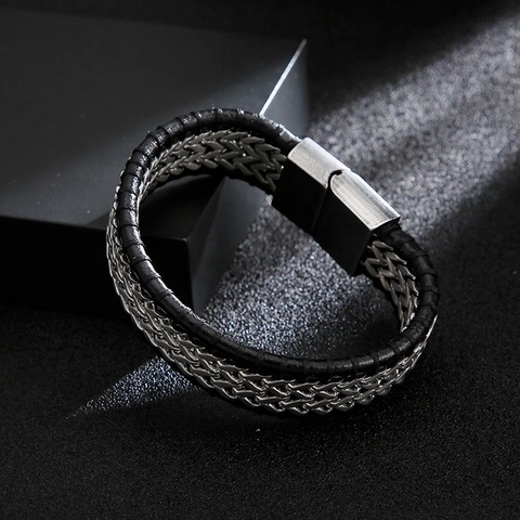 Herren Geflochtenes Armband Edelstahl Und Echtes Leder Gewebte Kette Mit Magnetverschluss Industrial Punk Stil Für Männer
