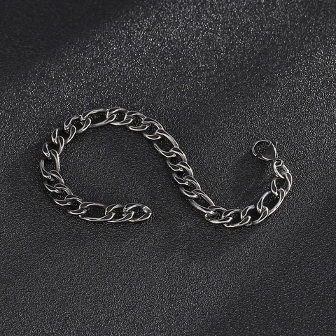 Retro Stainless Steel Figaro Chain Bracelet Distressed Vintage Cuban Link Jewelry For Men And Women With Lobster Clasp