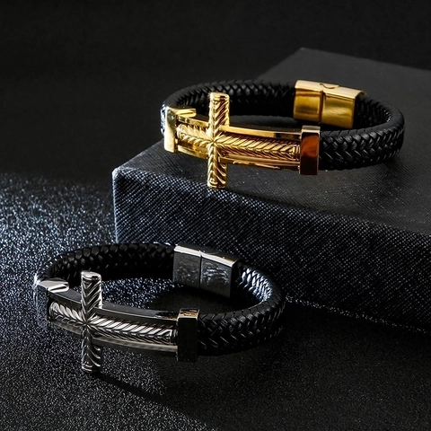 Pulsera Para Hombre De Acero Inoxidable Con Cruz Cordón De Cuero Trenzado Punk Joyería Religiosa Cierre Magnético
