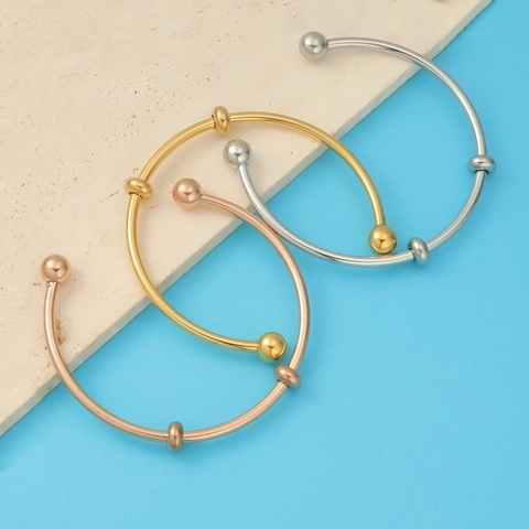 Brazalete De Puño De Acero Inoxidable Pulido Espejo Cuentas Deslizantes Extremos De Bola Roscados Joyería Para Mujer