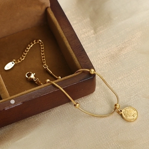Bracciale Con Pendente Moneta In Rilievo Vintage Catena A Serpente Dorata Con Perline Tonde Lucide Gioielli Eleganti Regolabili Da Donna