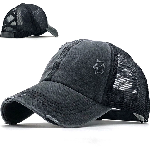 Casquette De Baseball Queue De Cheval Pour Femme Coton Lavé Maille Dos Croisé High Messy Bun Distressed Retro Trucker Hat Réglable