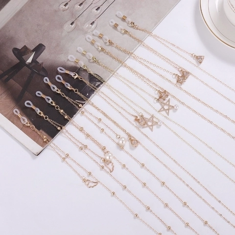 Gold Glasses Chain Titanium Steel Eyewear Strap For Women With Artificial Pearl Star Geometric Pendant Non-Slip Adjustable Holder