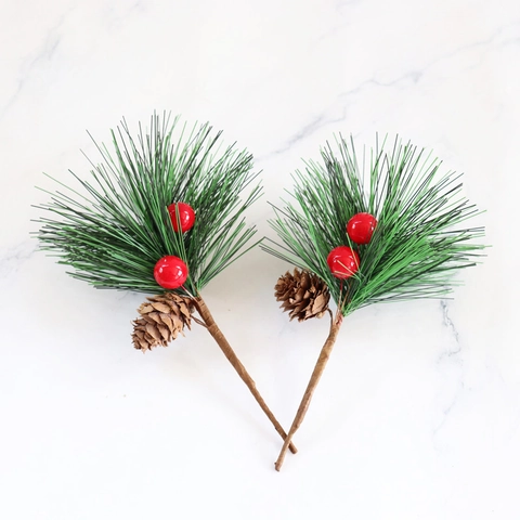 Artificial Christmas Pine Branch With Red Berries And Pine Cones For DIY Holiday Wreath Festive Home Table Decoration