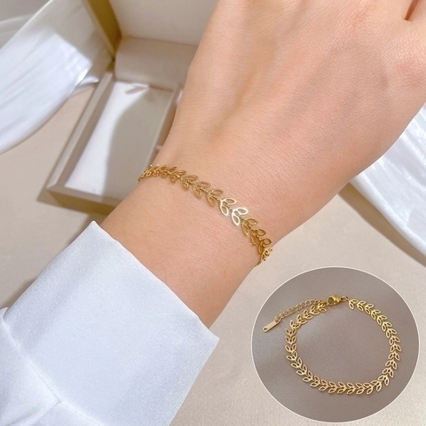 Bracciale In Acciaio Inossidabile Foglia Svuotata Ramoscello D'ulivo Catena Minimalista Gioielli Regolabili Donna