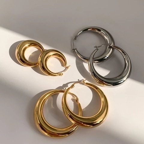 Boucles D Oreilles Créoles Épaisses Minimalistes Géométriques Polies Cuivre Plaqué Or Forme C Tige En Cuivre Vintage Femmes