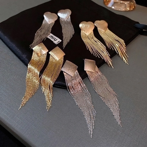 Lange Kwastje Hart Rhombus Hangoorbellen Voor Vrouwen Mode Elegante Metalen Ketting Sieraden Met Zilveren Oorbel Post