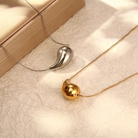 Teardrop Pendant Necklace Stainless Steel Hollow Bean Shape Mirror Polished Snake Chain Minimalist Jewelry For Women