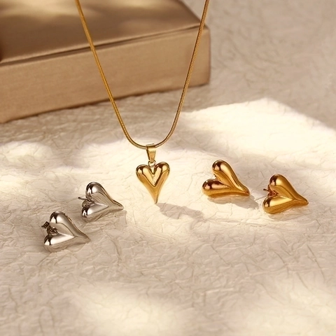 Collana Pendente Cuore Gonfio 3D Orecchini Acciaio Inossidabile Placcato Oro 18K Catena Serpiente Stile Vintage Donna Gioielli