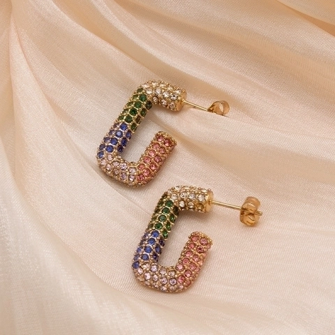 J-Shaped Hoop Earrings 18K Gold Plated Stainless Steel Colorful Rhinestone Geometric Retro Luxury Jewelry For Women