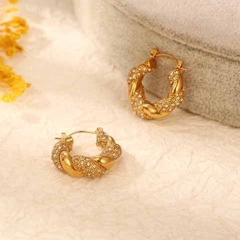 Stainless Steel Hoop Earrings With Cubic Zirconia Twist Rope Design 18K Gold Plated French Retro Temperament Jewelry