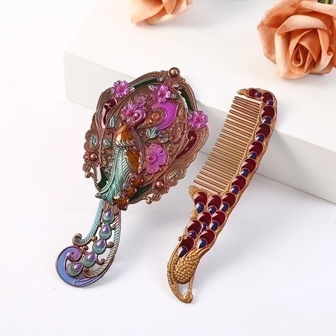 Specchio A Mano E Pettine Vintage Lega Di Zinco Pavone Smalto Rilievo Portatile Compatto Specchio Da Trucco Regalo Donna