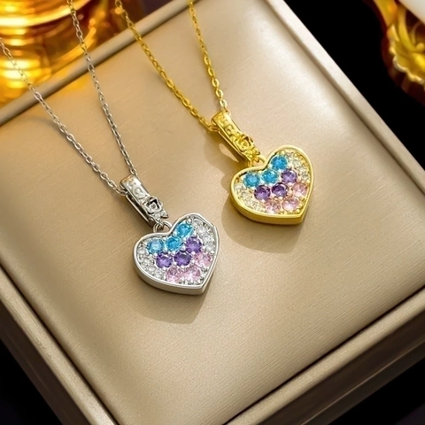 Glück Herz Anhänger Halskette Edelstahl Bunte Gradient Zirkon CZ Schlüsselbein Kette Mode Schmuck Damen