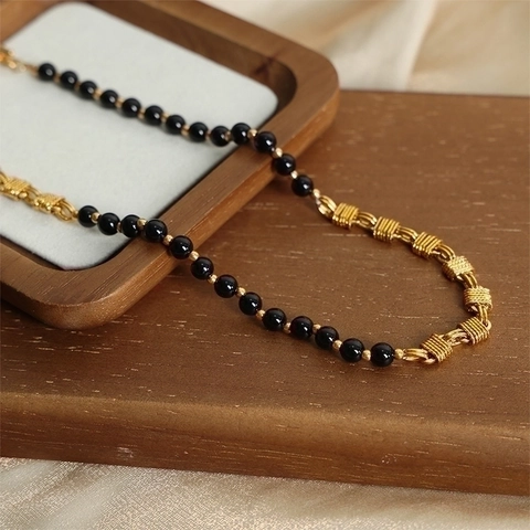 Vintage Stainless Steel Black Agate Splice Chain Necklace For Women Gold Plated Toggle Clasp Fashion Minimalist Jewelry Gift