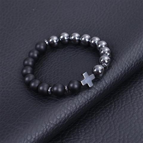 Bracciale Di Perline In Pietra Naturale Con Ematite Occhio Di Tigre Ossidiana Pietra Lavica Ciondolo A Croce Da Uomo