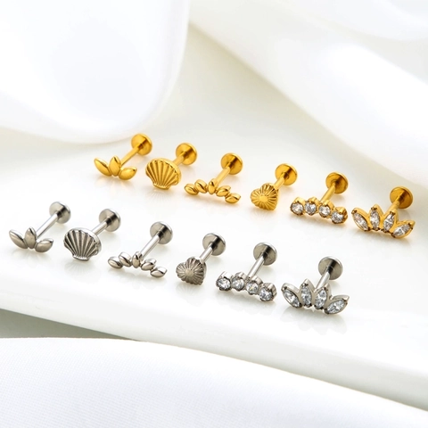 G23 Titanium Labret Ear Cartilage Stud Push In Heart Shell Cubic Zirconia Internally Threadless Piercing Jewelry