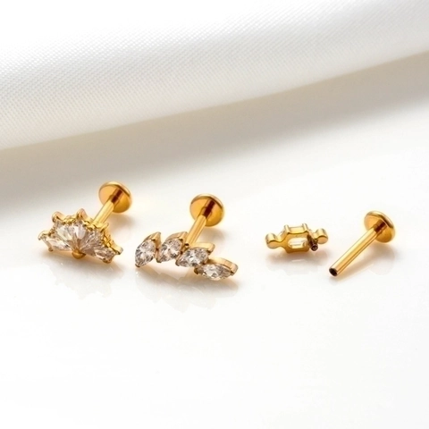 G23 Titanium Internally Threaded Labret Stud Ear Cartilage Piercing Jewelry With Cubic Zirconia Flower Bee Heart Shape