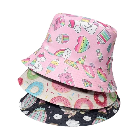 Cartoon Print Fischerhut Sonnenschutz Polyester Canvas Beidseitig Tragbar Sommer Outdoor Süßer Stil Für Damen