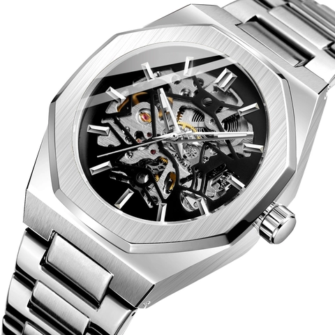 Skeleton Automatic Mechanical Watch Men Octagonal Bezel Luminous Luxury Business Wristwatch Alloy Strap Transparent Back
