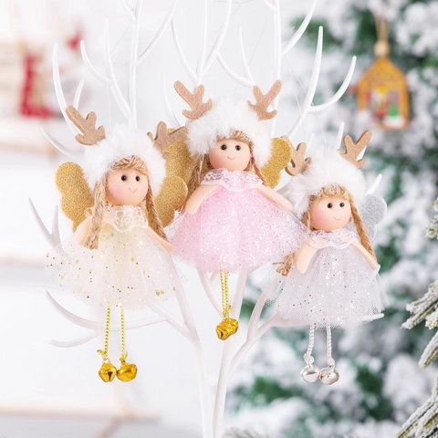 Pendente Angelo Di Natale Corna Di Renna Gonna In Rete Con Paillettes Ali In Peluche Campanello In Metallo Decorazione Albero Carino