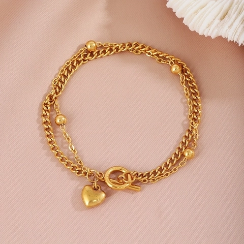 Doppelreihiges Edelstahl Armband Mit Herzanhänger Und Perlen Gold Silber Farbe Knebelverschluss Elegant Für Damen