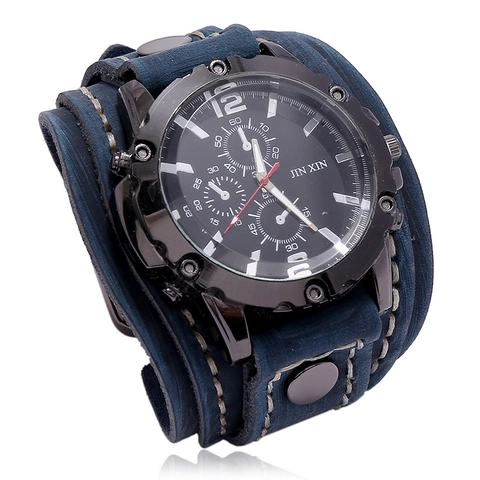 Herren Vintage Punk Leder Cuff Watch Retro Breite Strap Nieten Quarz Armbanduhr Mit Handgenähten Details Für Herren