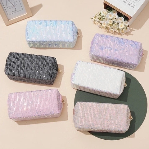 Fashion Sequin Octagonal Makeup Bag Large Capacity Portable Cosmetic Organizer Artificial Pearl Zipper Pendant Women Travel Pouch