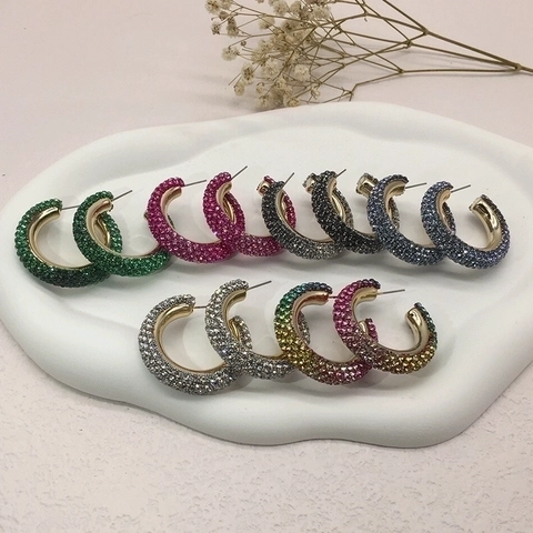 Pave Rhinestone C-Shaped Hoop Earrings Colorful Alloy Gold Plated Fashion Jewelry For Women Party Wedding