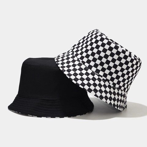 Omkeerbare Vissershoed Schaakbordpatroon Katoen Polyester Zonbescherming Outdoor Streetwear Zomer Retro