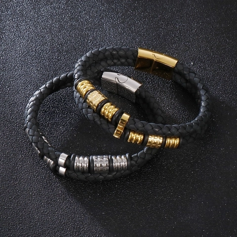 Double Layer Braided Leather Bracelet Men With 316L Stainless Steel Magnetic Clasp Geometric Industrial Style Jewelry