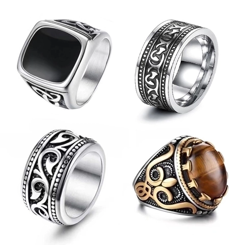 Vintage Men Rings Titanium Steel With Tiger Eye Stone And Black Enamel Celtic Knot Pattern Retro Punk Hip Hop Jewelry