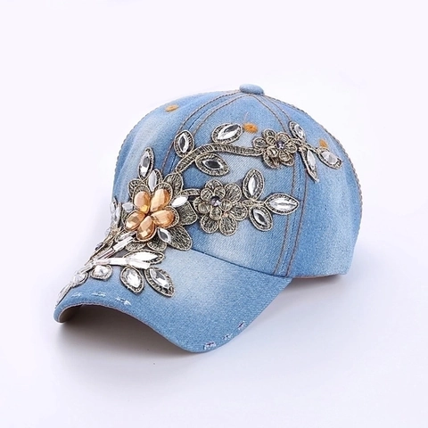Women Baseball Cap Denim Cotton Rhinestone Flower Embroidery Adjustable Sun Protection Curved Brim Fashion Outdoor Hat