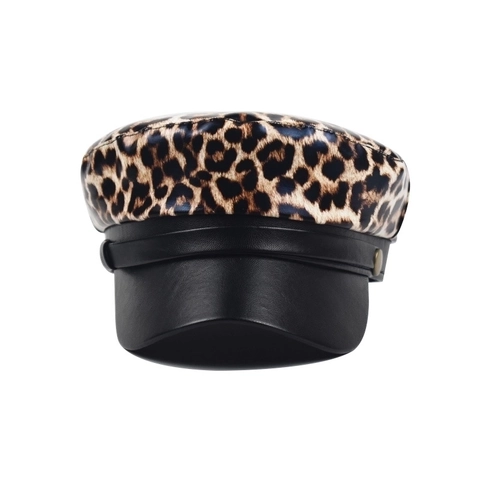Béret Léopard pour Femme avec Visière en Cuir PU Casquette Gavroche Rétro Style Militaire Chapeau Octogonal Chaud Hiver