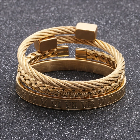 Men Stainless Steel Bracelet Roman Numerals Woven Cable Cuff Bangle Belt Buckle Design