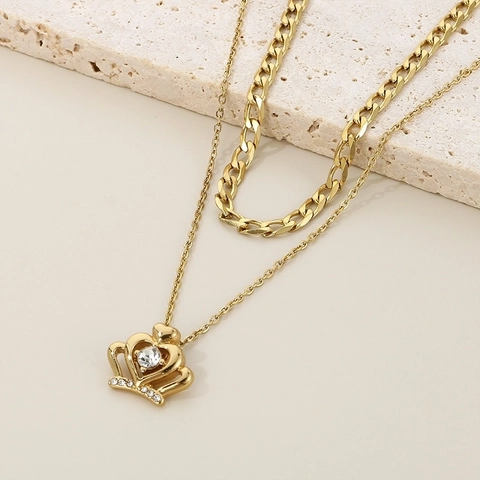 Double Layer Necklace With Heart Pendant Stainless Steel Rhinestone Elegant Fashion Jewelry For Women