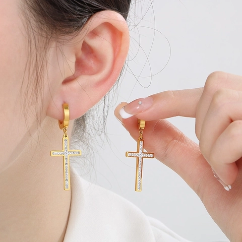 Orecchini Pendenti A Croce In Acciaio Inossidabile Con Intarsio Di Zirconi Strass Gioielli Punk Gothic Per Donna Uomo