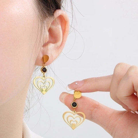 Orecchini Pendenti In Acciaio Inossidabile Placcato Oro Per Donna Design A Cuore Piuma Fiore Con Pietre Nere Stile Bohémien