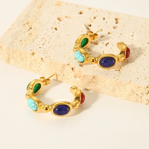 Vintage Stainless Steel C-Shaped Hoop Earrings For Women Gold Plated Inlaid Natural Colorful Stone Light Luxury Jewelry