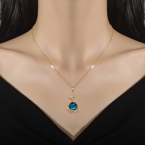 Butterfly Planet Pendant Necklace Stainless Steel Chain Copper Micro Pave Zirconia Blue Starry Galaxy Women Jewelry