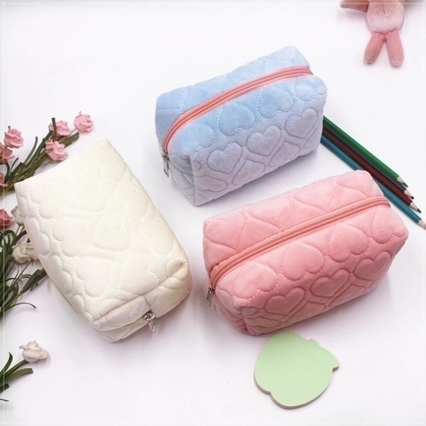 Astuccio Per Matite In Peluche Trapuntato A Cuore Estetico Grande Capacità Borsa Per Trucco In Velluto Organizer Cancelleria