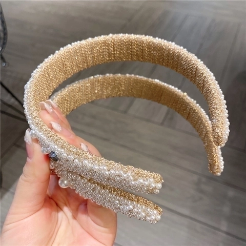 Wide Padded Headband With Faux Artificial Pearls And Rhinestone Star Elegant Korean Style Handmade Hair Hoop For Women