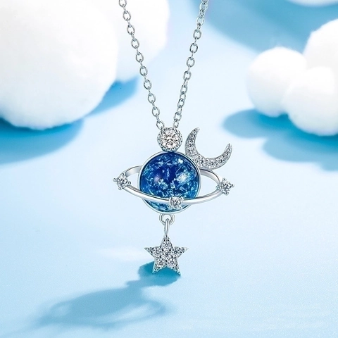 Collana Con Pendente Pianeta In Lega Con Luna E Stella In Zircone Gioielli Universo Galassia Da Sogno Per Donne