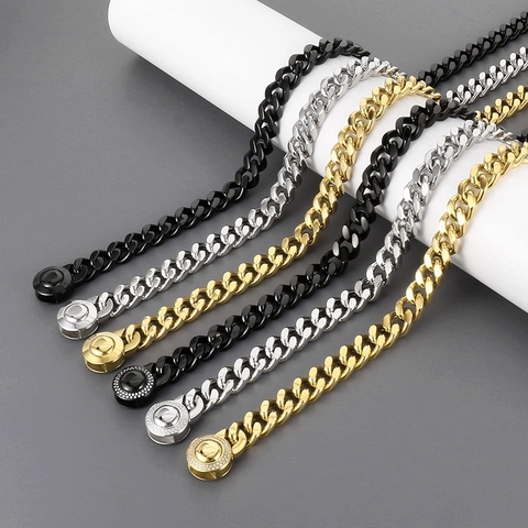 Men Hip Hop Cuban Link Chain Necklace Rhinestone Inlaid Magnetic Clasp Titanium Steel Punk Style Jewelry