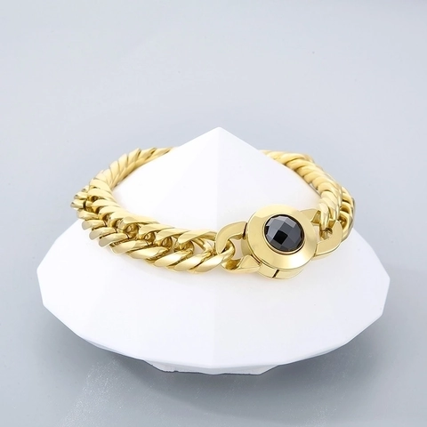 Collana A Catena Cubana Acciaio Inossidabile Lucidato Chiusura Teschio Cristallo Incastonato Moda Hip Hop Punk Uomo