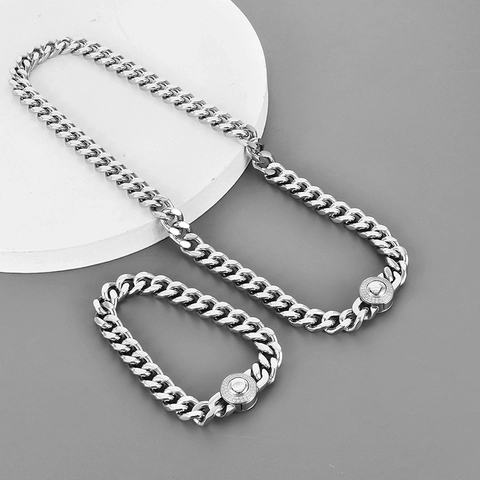 Collar Y Pulsera De Cadena Cubana Para Hombre Acero Titanio CNC Con Diamantes De Imitación Hip Hop