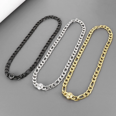 Heren Roestvrijstalen Figaro En Cubaanse Schakelketting Ketting Met Ronde Strass Sluiting Punk Sieraden