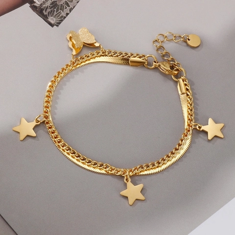 Double Layer Stainless Steel Bracelet With Butterfly And Star Pendants Snake Bone Link Chain For Women Minimalist Jewelry